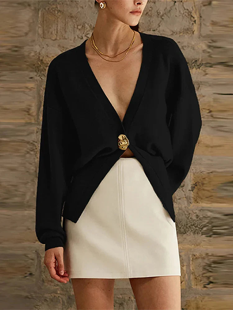 Loose Hollow Out V-Neck Knit Cardigan - Fashionpara