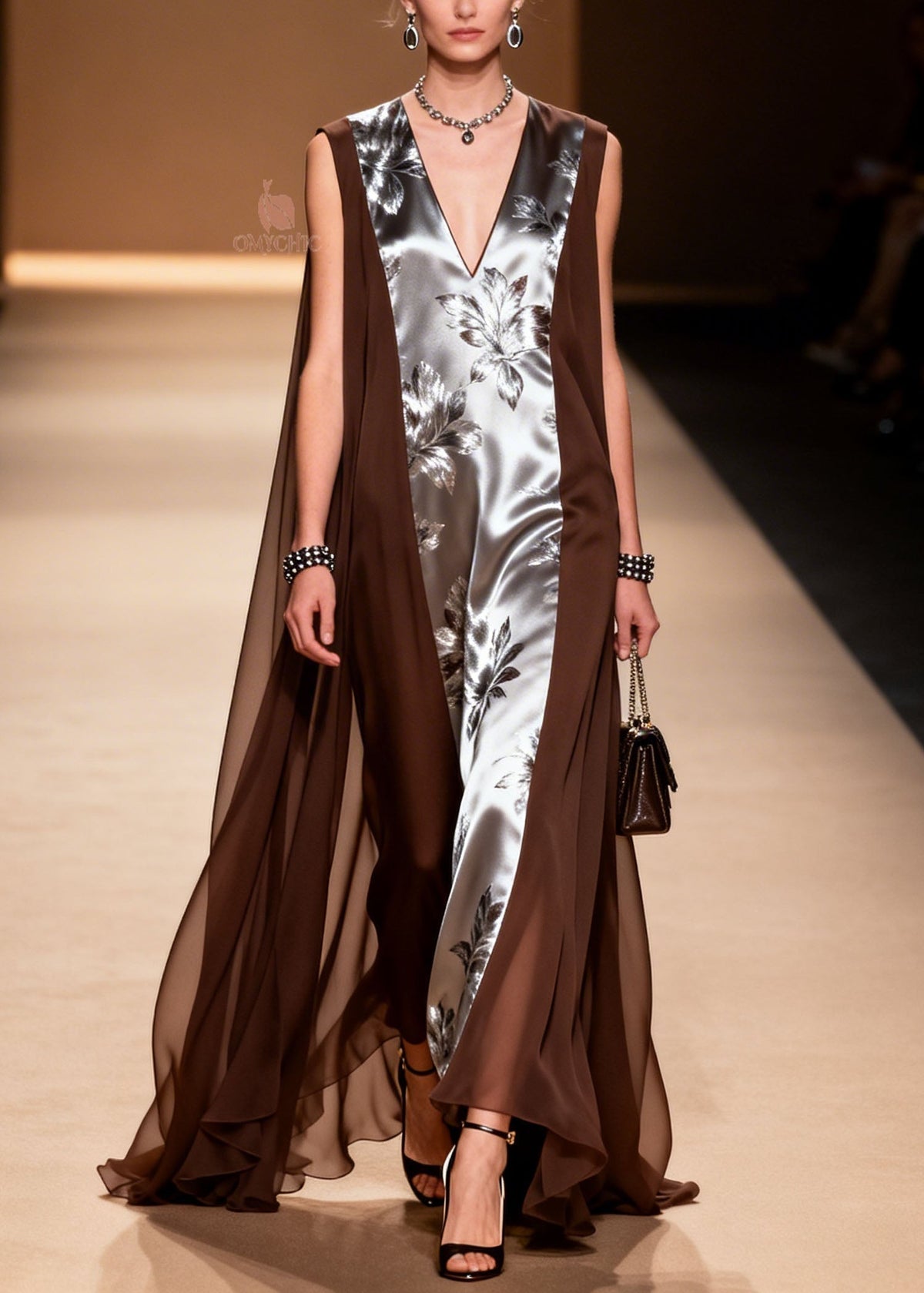 Floral Print Deep V-Neck Sleeveless Sheer Cape Wing Panel Maxi Gown