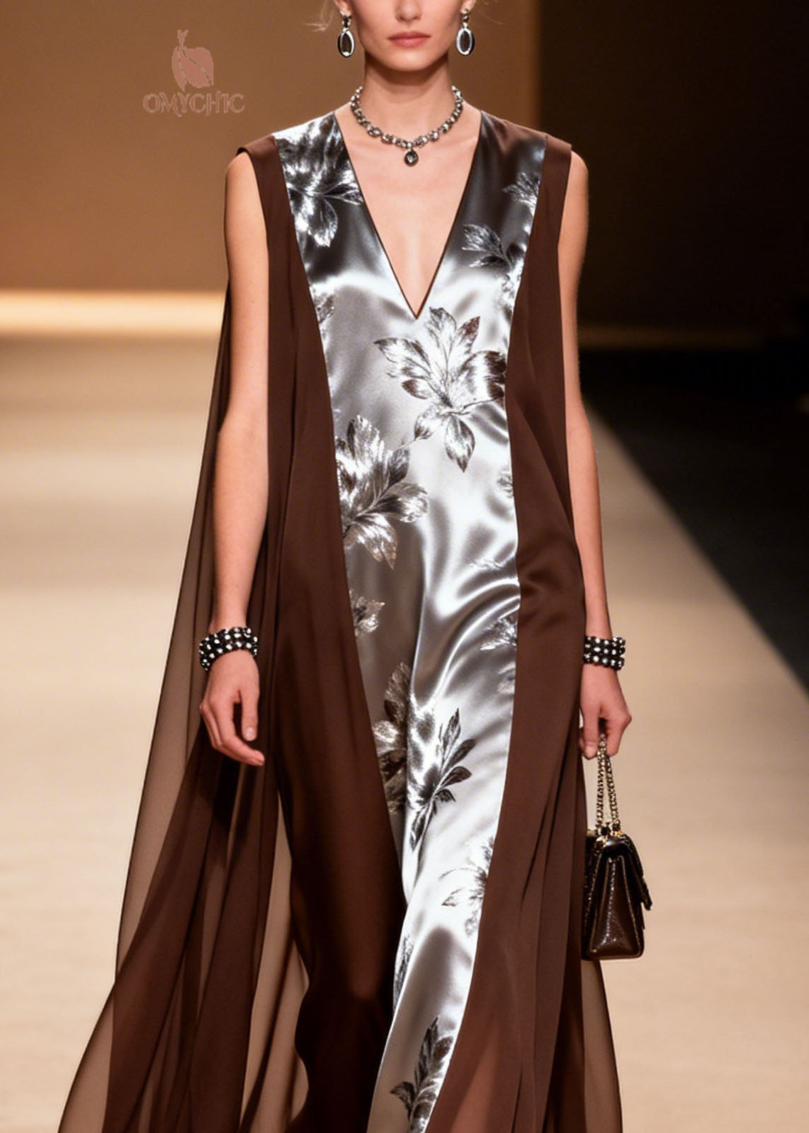 Floral Print Deep V-Neck Sleeveless Sheer Cape Wing Panel Maxi Gown - View 2