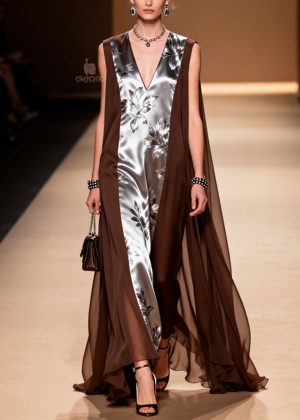Floral Print Deep V-Neck Sleeveless Sheer Cape Wing Panel Maxi Gown - View 3