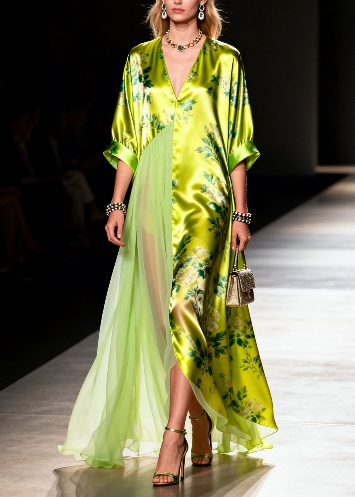 Floral Print Deep V-Neck Pleated Chiffon Panel Wide Maxi Dress - View 3