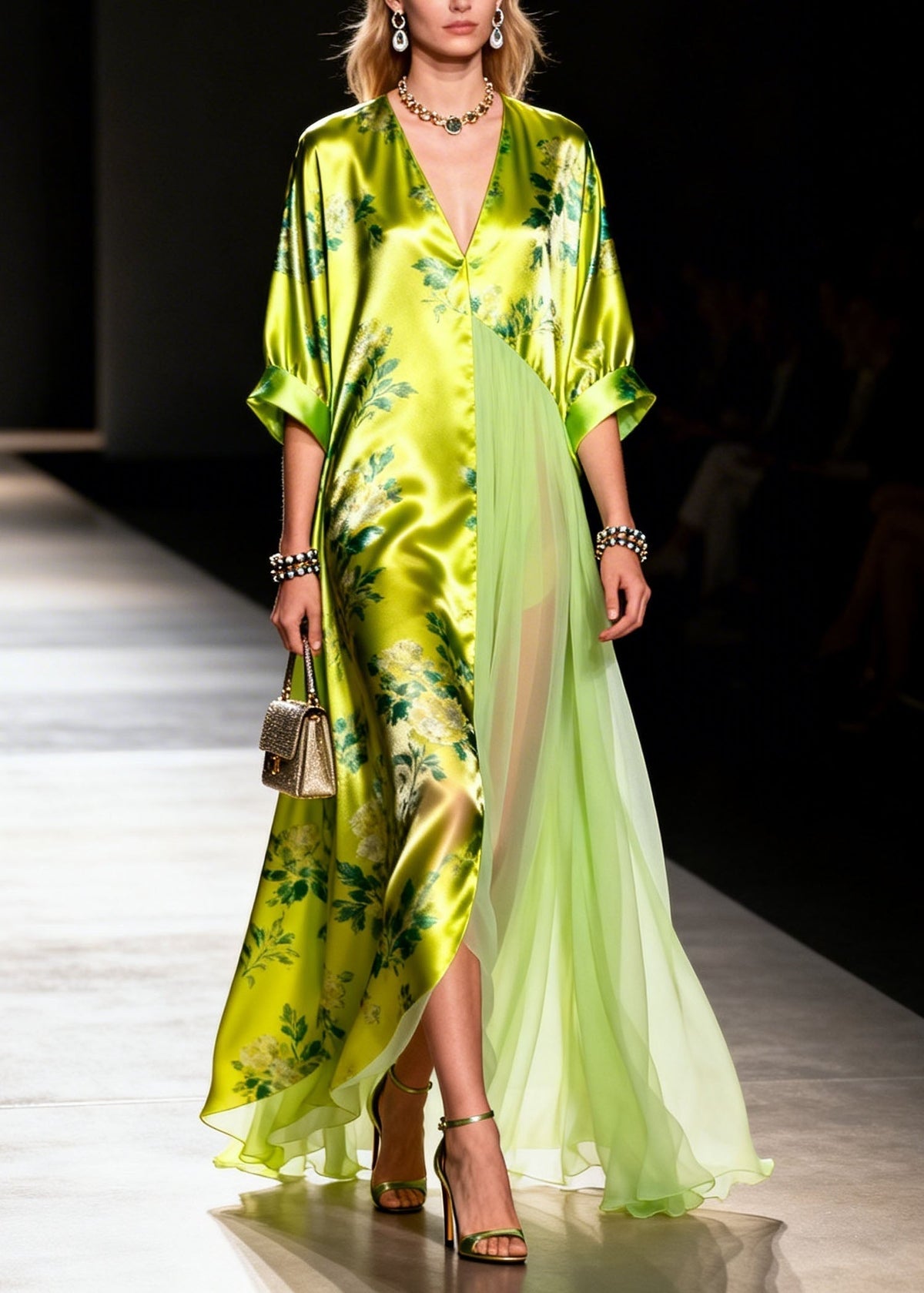 Floral Print Deep V-Neck Pleated Chiffon Panel Wide Maxi Dress - View 5