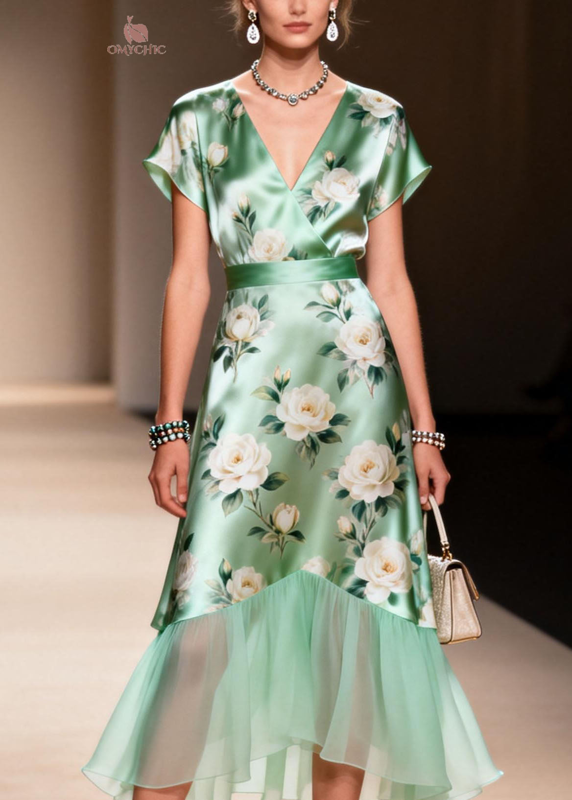 Floral Rose Print Wrap V-Neck Cap Sleeve Sheer Scallop Tier Midi Dress - View 2