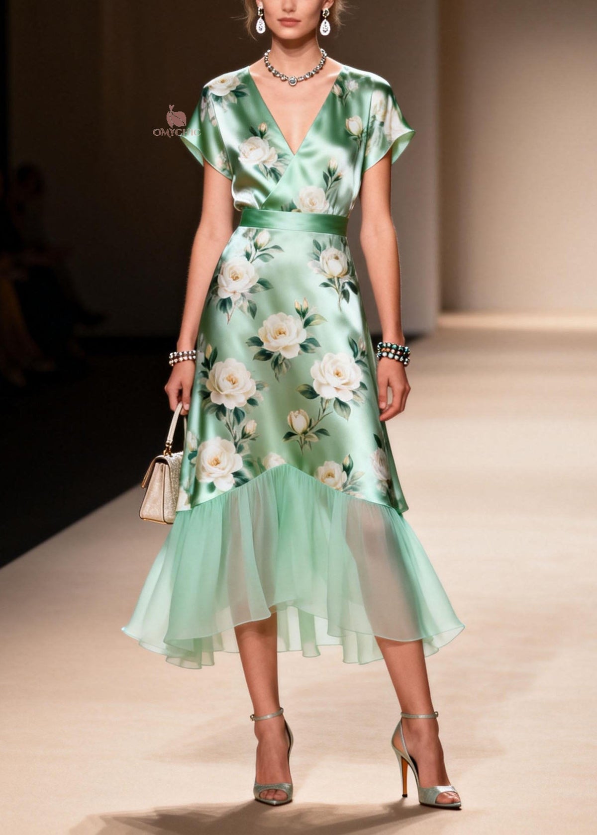 Floral Rose Print Wrap V-Neck Cap Sleeve Sheer Scallop Tier Midi Dress - View 3