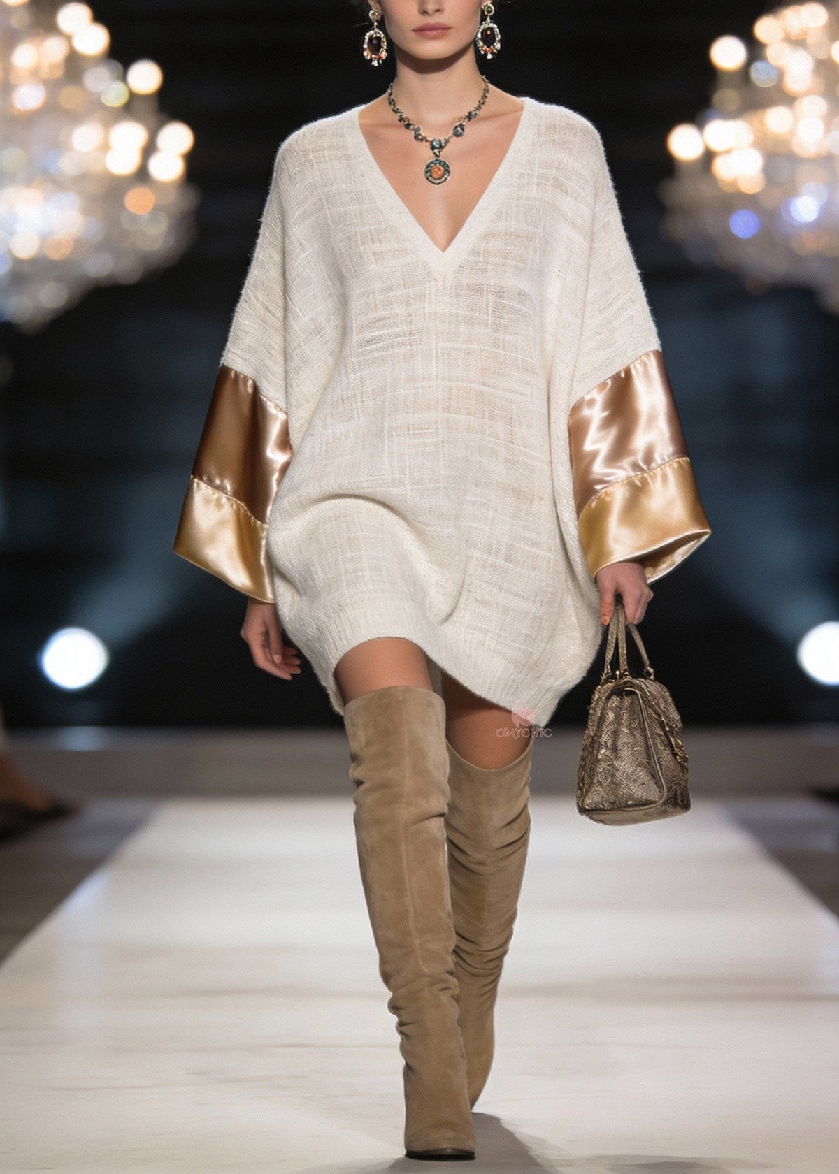 Knit Deep V-Neck Oversized Satin Panel Bell Sleeve Mini Dress