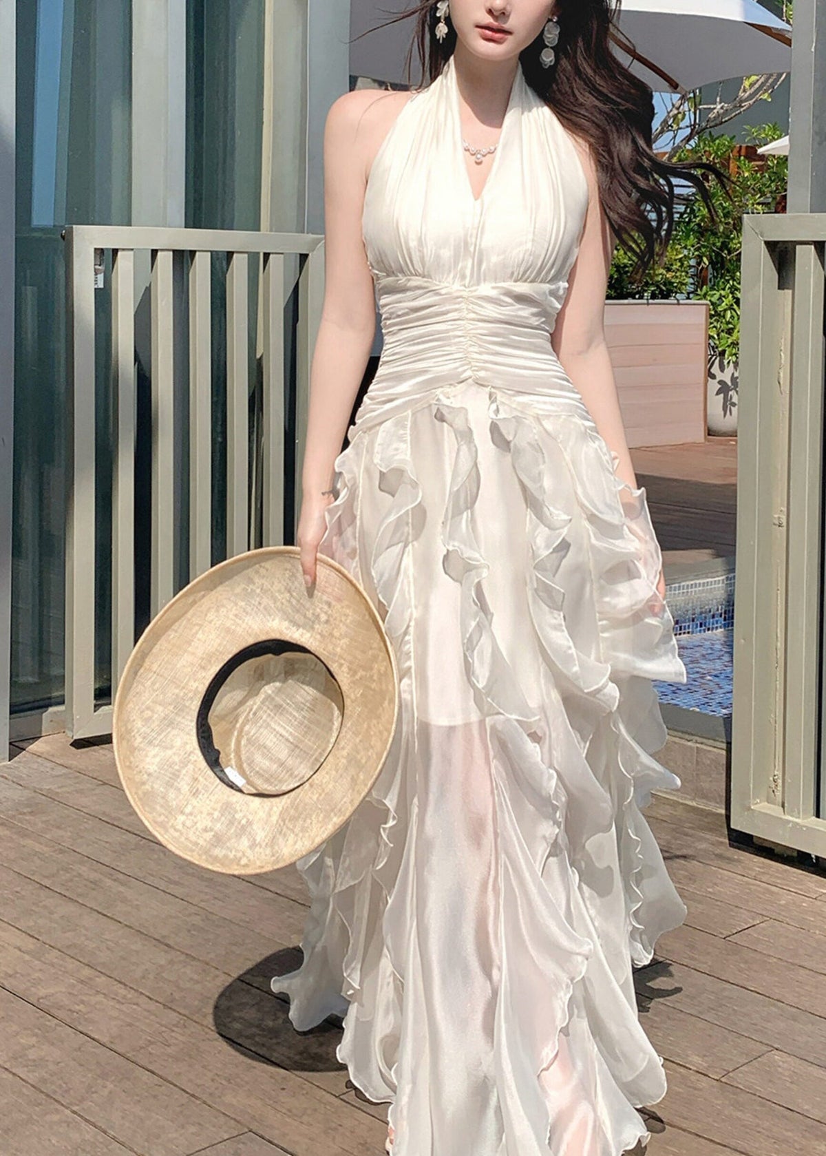 Elegant White Cinched Ruffled Tulle Maxi Dress Summer - View 2