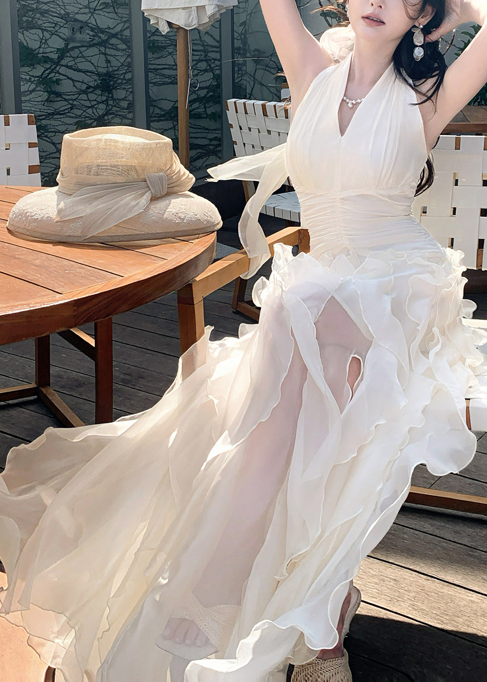 Elegant White Cinched Ruffled Tulle Maxi Dress Summer - View 4