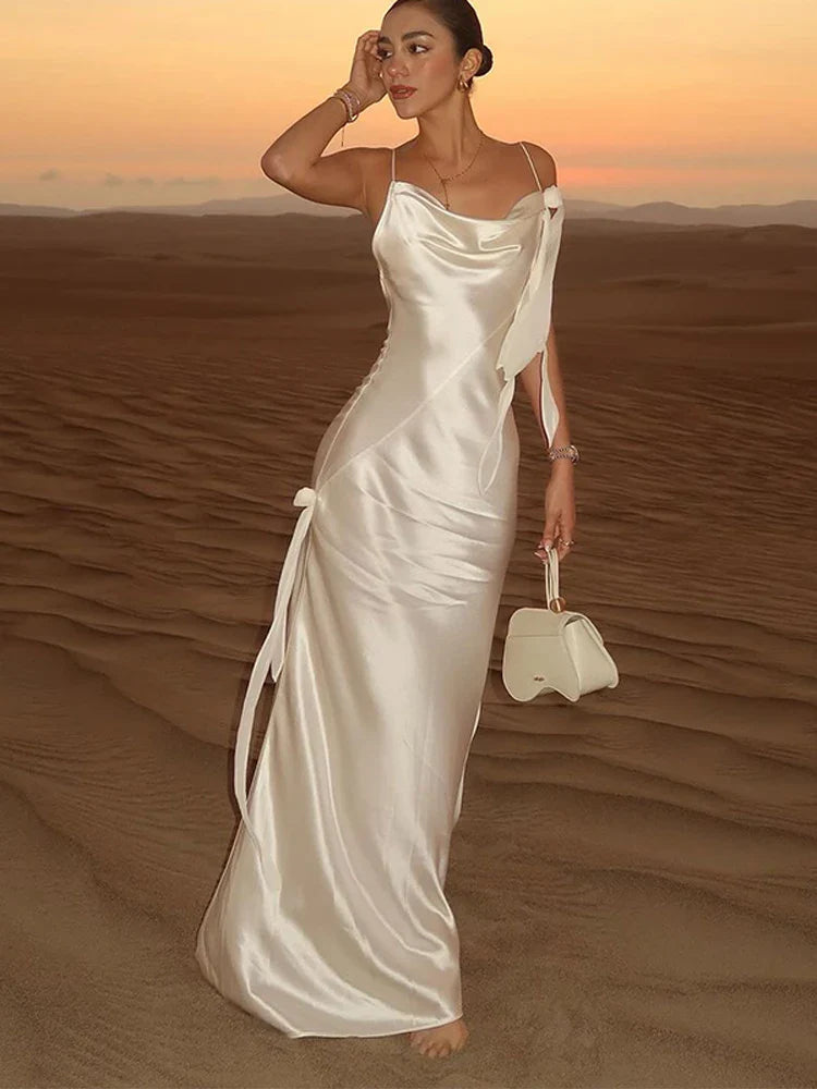 Elegant White Satin Maxi Vacation Dress
