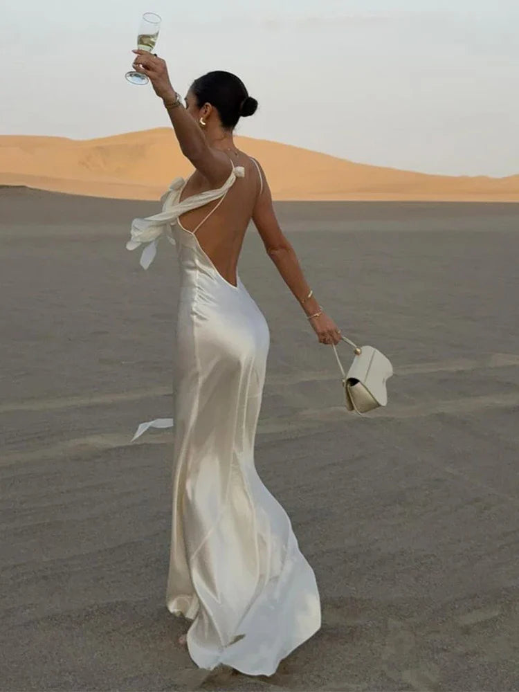 Elegant White Satin Maxi Vacation Dress