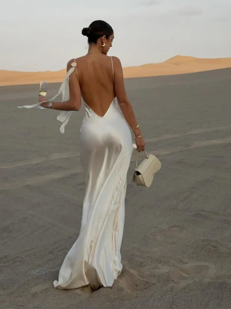 Elegant White Satin Maxi Vacation Dress