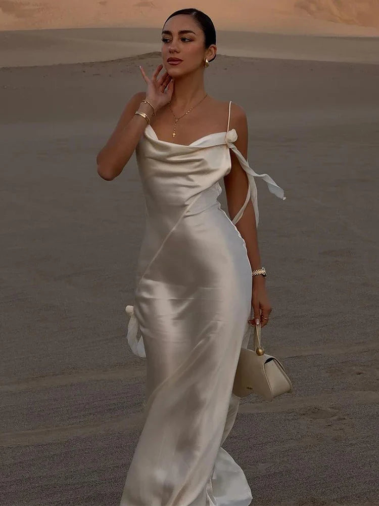 Elegant White Satin Maxi Vacation Dress