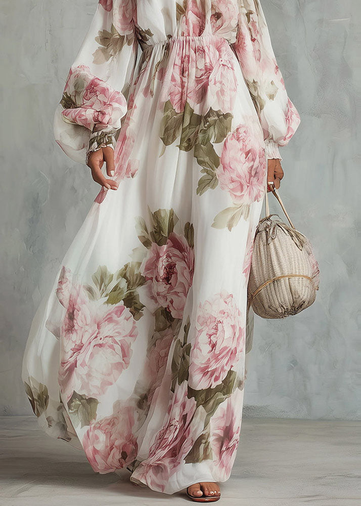 Elegant White Slash Neck Print Chiffon Maxi Dress Lantern Sleeve - View 4