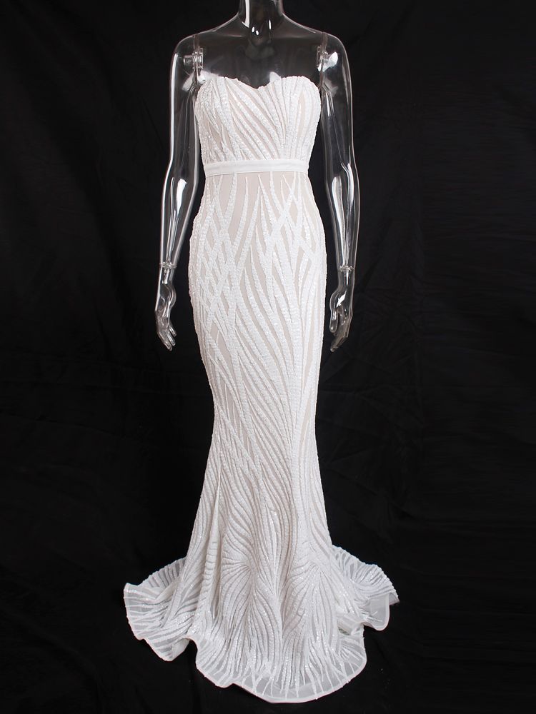 Patterned Sequin Strapless Sweetheart Mermaid Gown 3