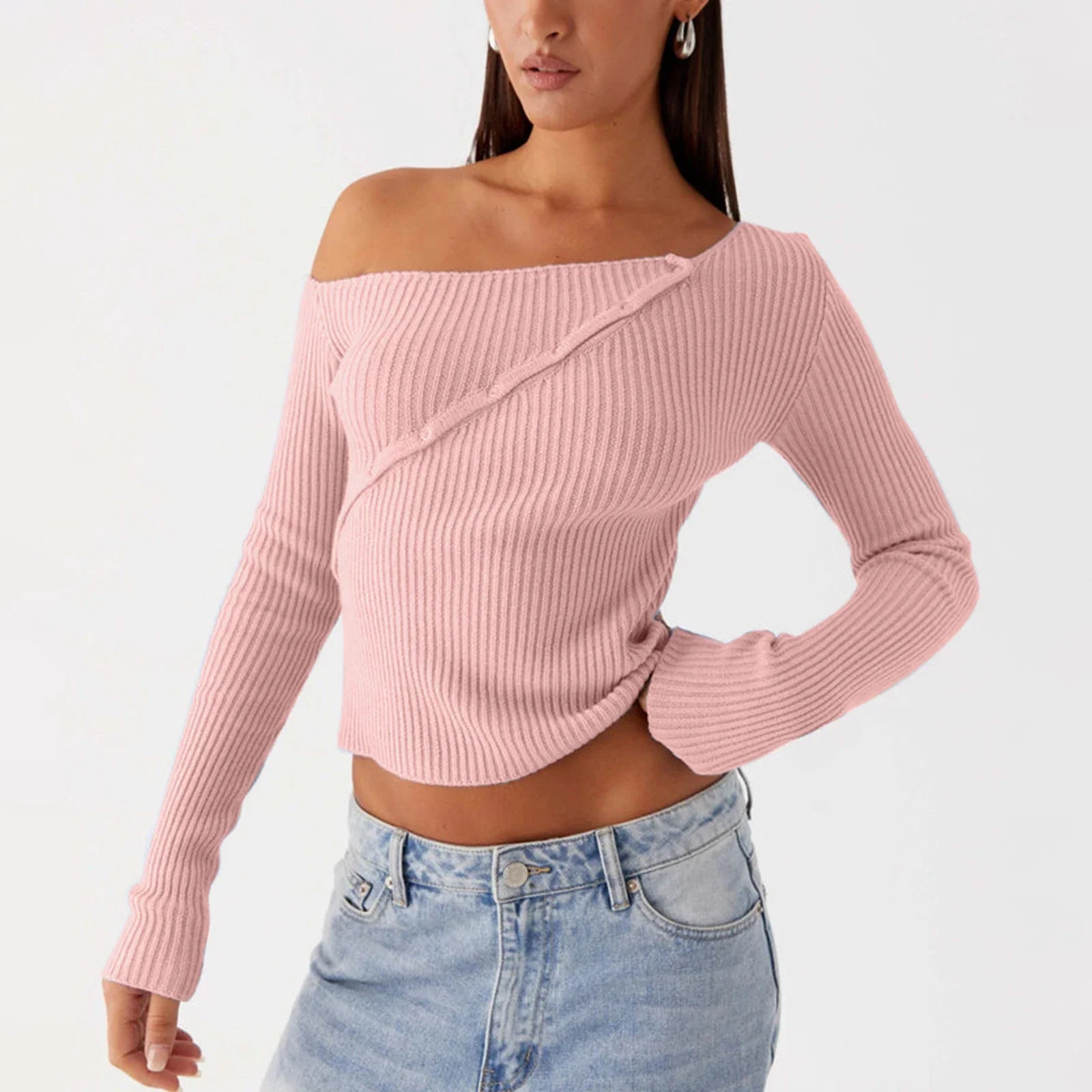 Elegant Off Shoulder Ribbed Solid Crop Slim Fit Knit Top - Fashionpara