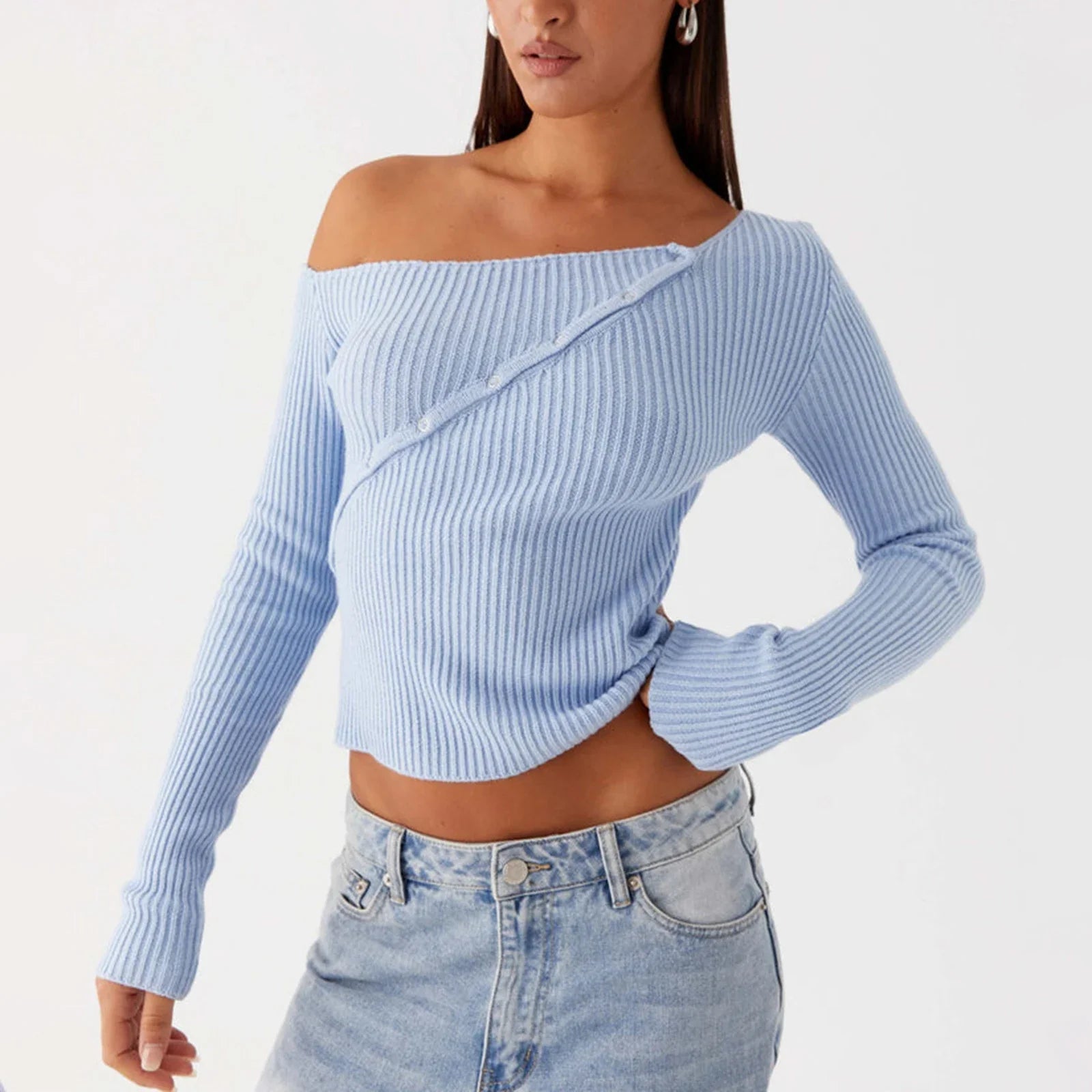 Elegant Off Shoulder Ribbed Solid Crop Slim Fit Knit Top - Fashionpara