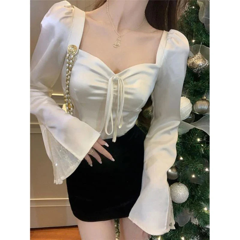 Elegant Lace Patchwork Flare Sleeve Sexy Slim Blouse