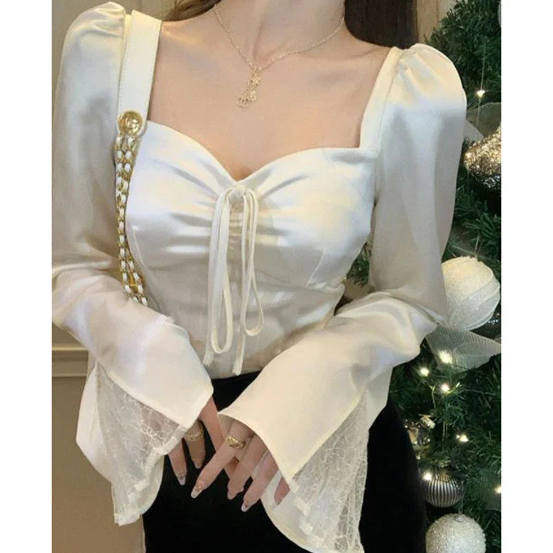 Elegant Lace Patchwork Flare Sleeve Sexy Slim Blouse