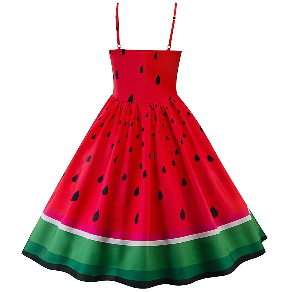 Watermelon Print Spaghetti Strap Swing Midi Dress 2