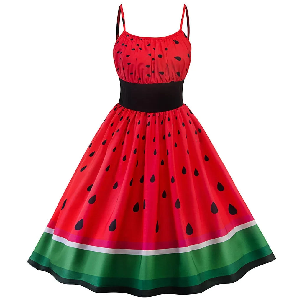 Watermelon Print Spaghetti Strap Swing Midi Dress 7