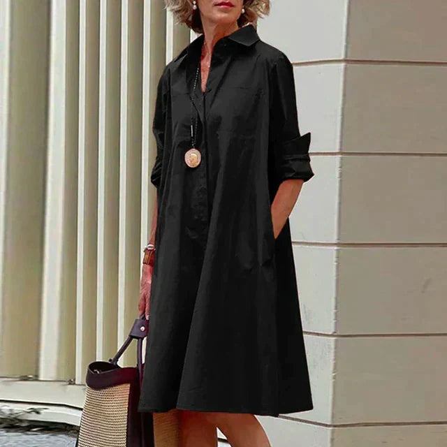 Collared Button Down Long Sleeve Side Pocket Relaxed Midi Shirt Dress