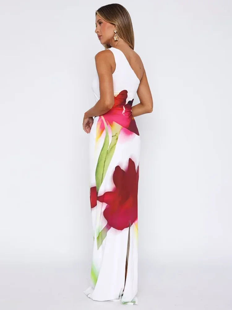 Elegant One Shoulder Backless Maxi Floral Dress