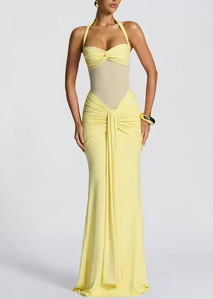 Elegant Yellow Halter Tulle Patchwork Flattering Long Dress Summer