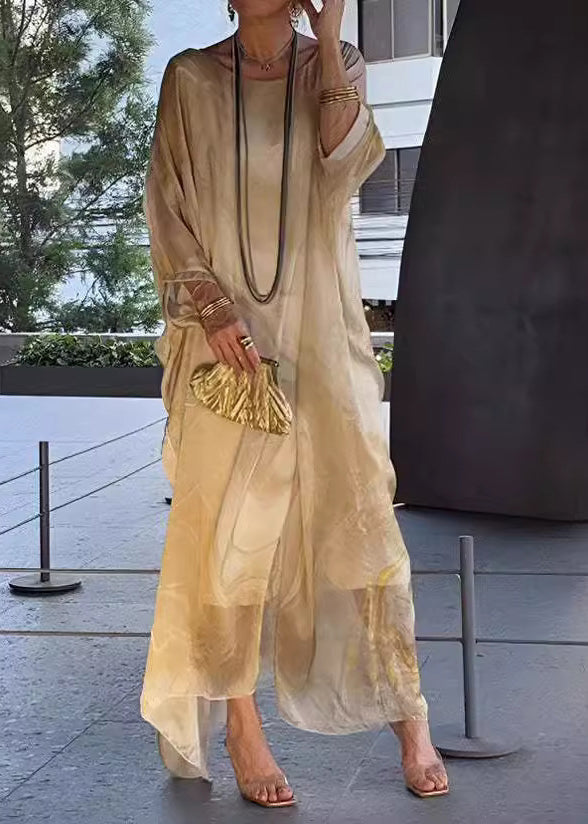 Chiffon Crew Neck Long Sleeve Oversized Kaftan Maxi Dress