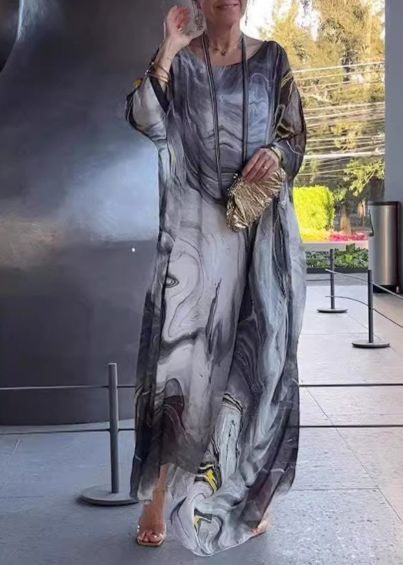 Chiffon Crew Neck Long Sleeve Oversized Kaftan Maxi Dress - View 2