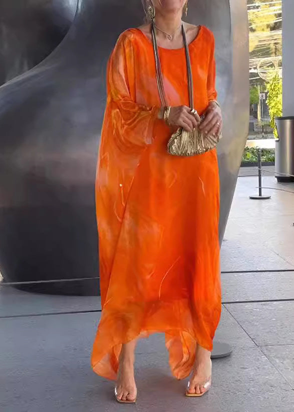Chiffon Crew Neck Long Sleeve Oversized Kaftan Maxi Dress - View 3