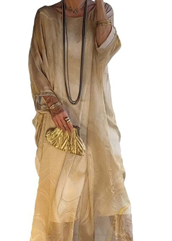 Chiffon Crew Neck Long Sleeve Oversized Kaftan Maxi Dress - View 5