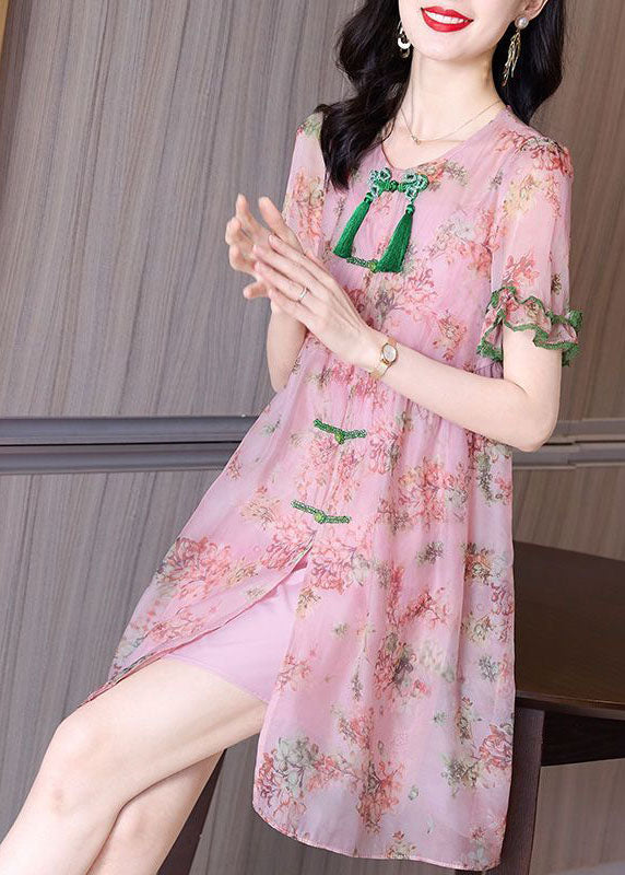 Chiffon Floral Print Frog Button Tassel Lace Trim Mini Dress