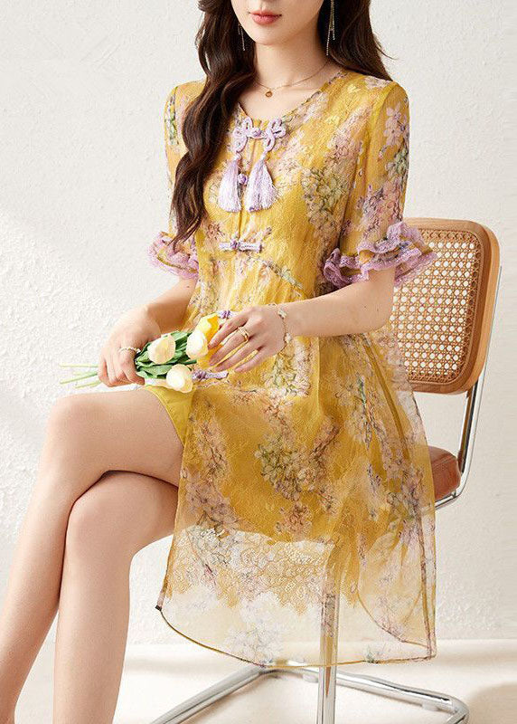 Chiffon Floral Print Frog Button Tassel Lace Trim Mini Dress - View 2