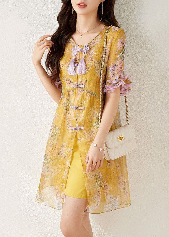 Chiffon Floral Print Frog Button Tassel Lace Trim Mini Dress - View 3