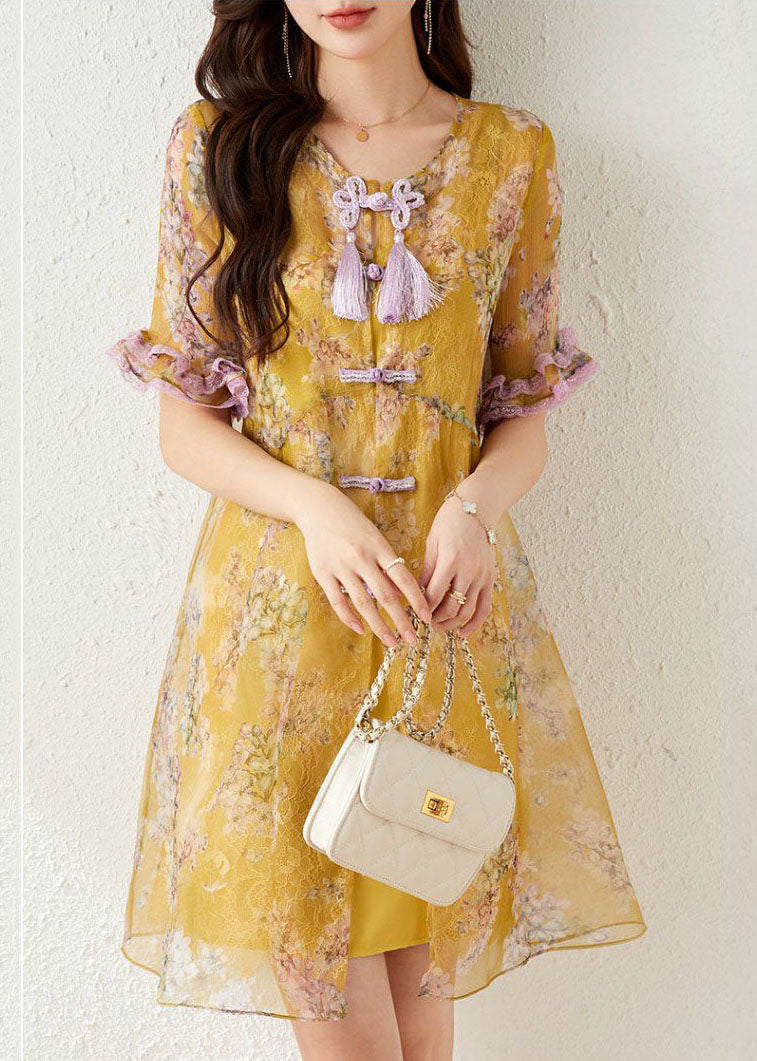 Chiffon Floral Print Frog Button Tassel Lace Trim Mini Dress - View 4