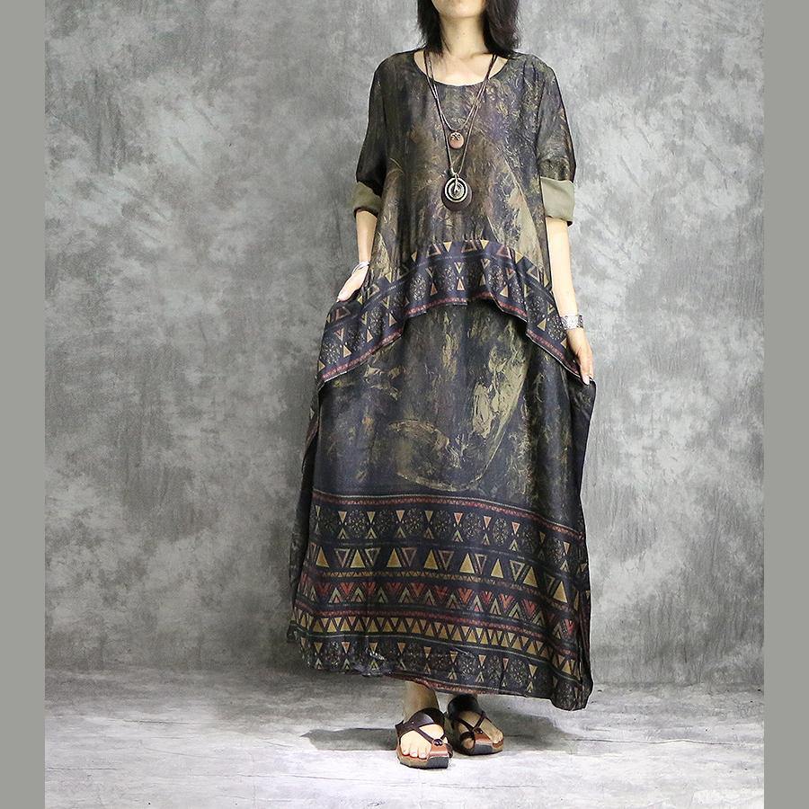 Geometric Triangle Print Border Panel Round Neck 3/4 Maxi Dress