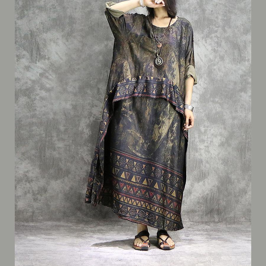 Geometric Triangle Print Border Panel Round Neck 3/4 Maxi Dress - View 3