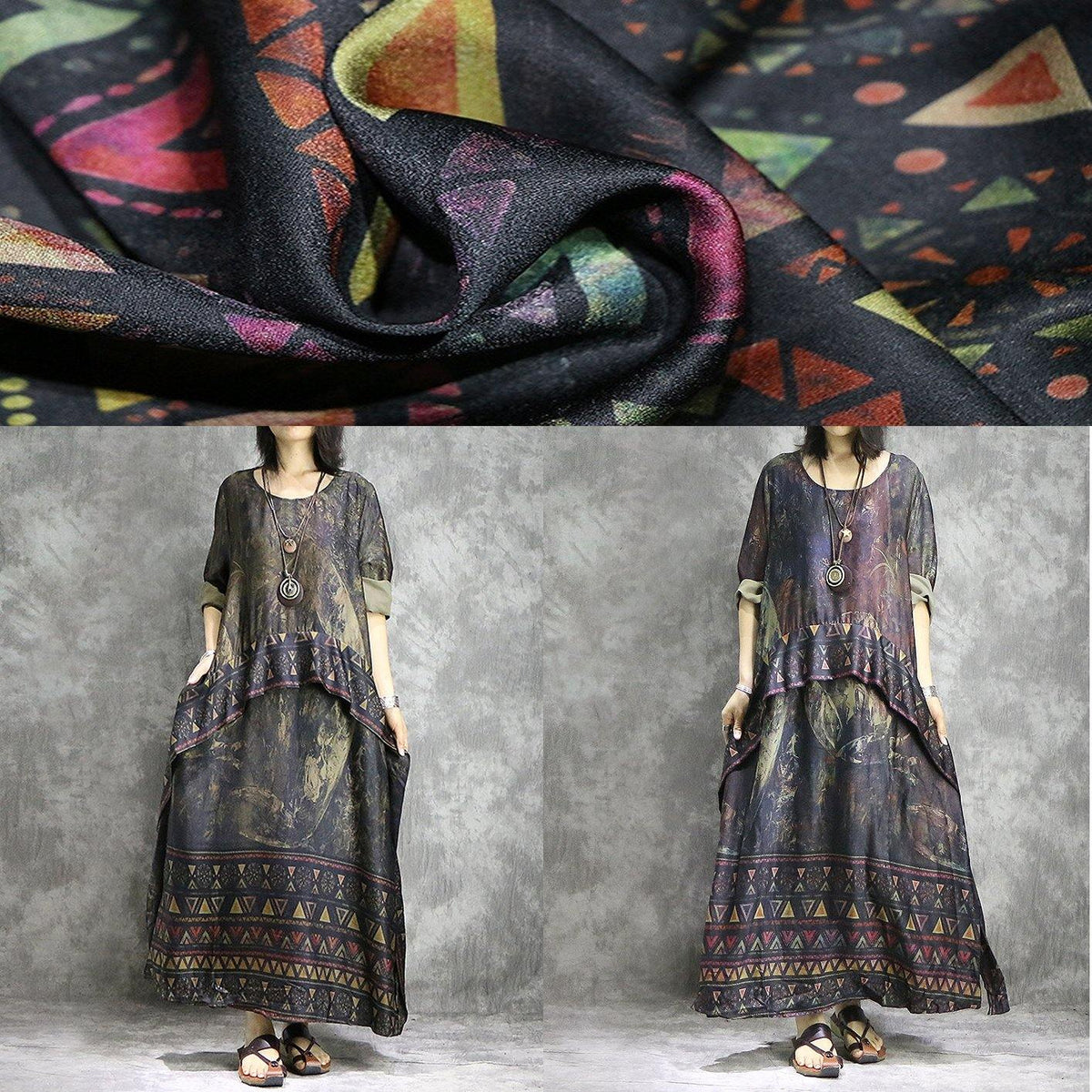 Geometric Triangle Print Border Panel Round Neck 3/4 Maxi Dress - View 5