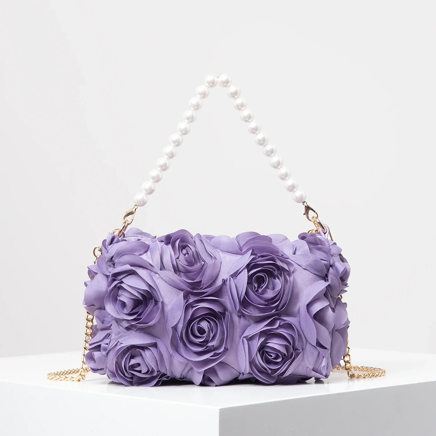 Elegant Rose Flower Faux Pearl Metal Chain Clutch Bag