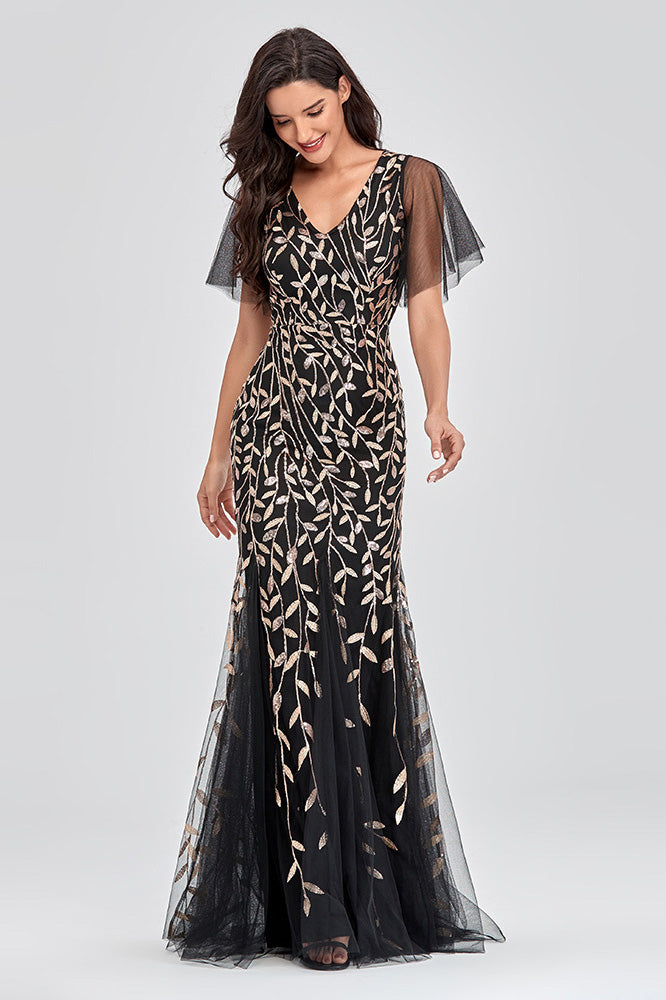 Sequin Leaf V-Neck Flutter Sleeve Mermaid Gown