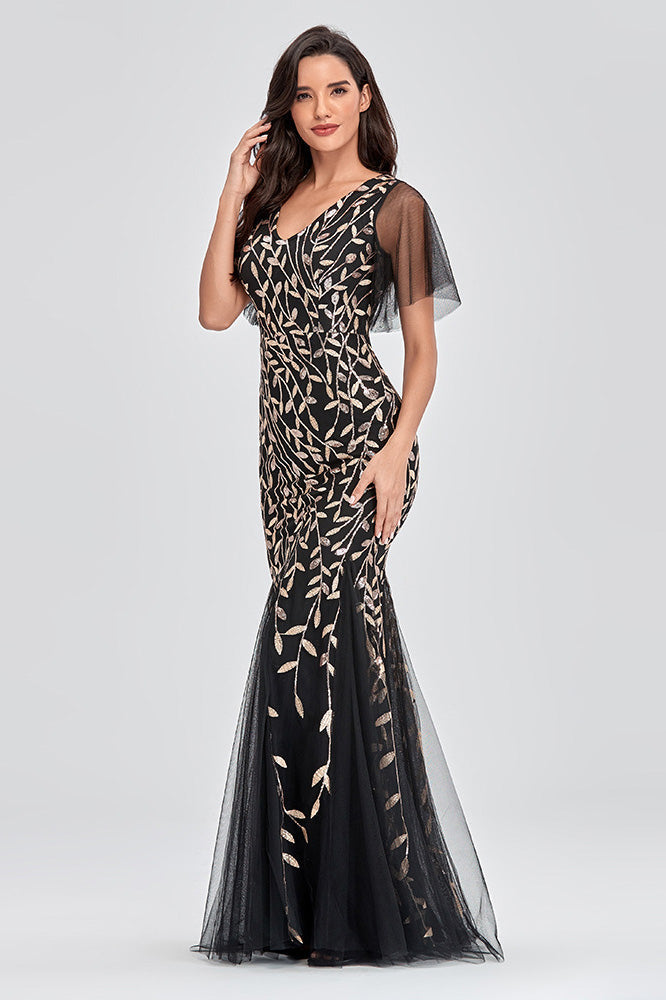 Sequin Leaf V-Neck Flutter Sleeve Mermaid Gown