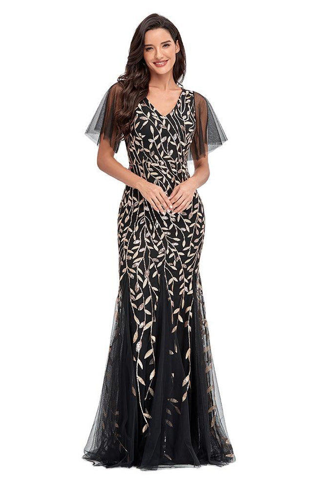Sequin Leaf V-Neck Flutter Sleeve Mermaid Gown