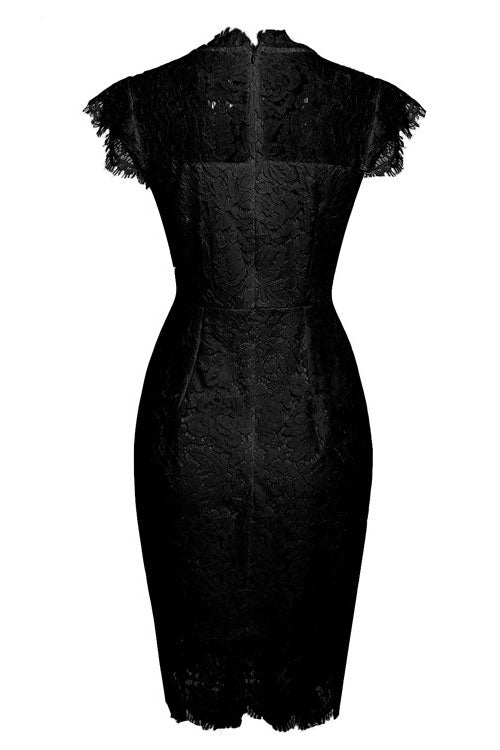 Crochet Lace Mock Neck Cap Sleeve Bodycon Midi Dress