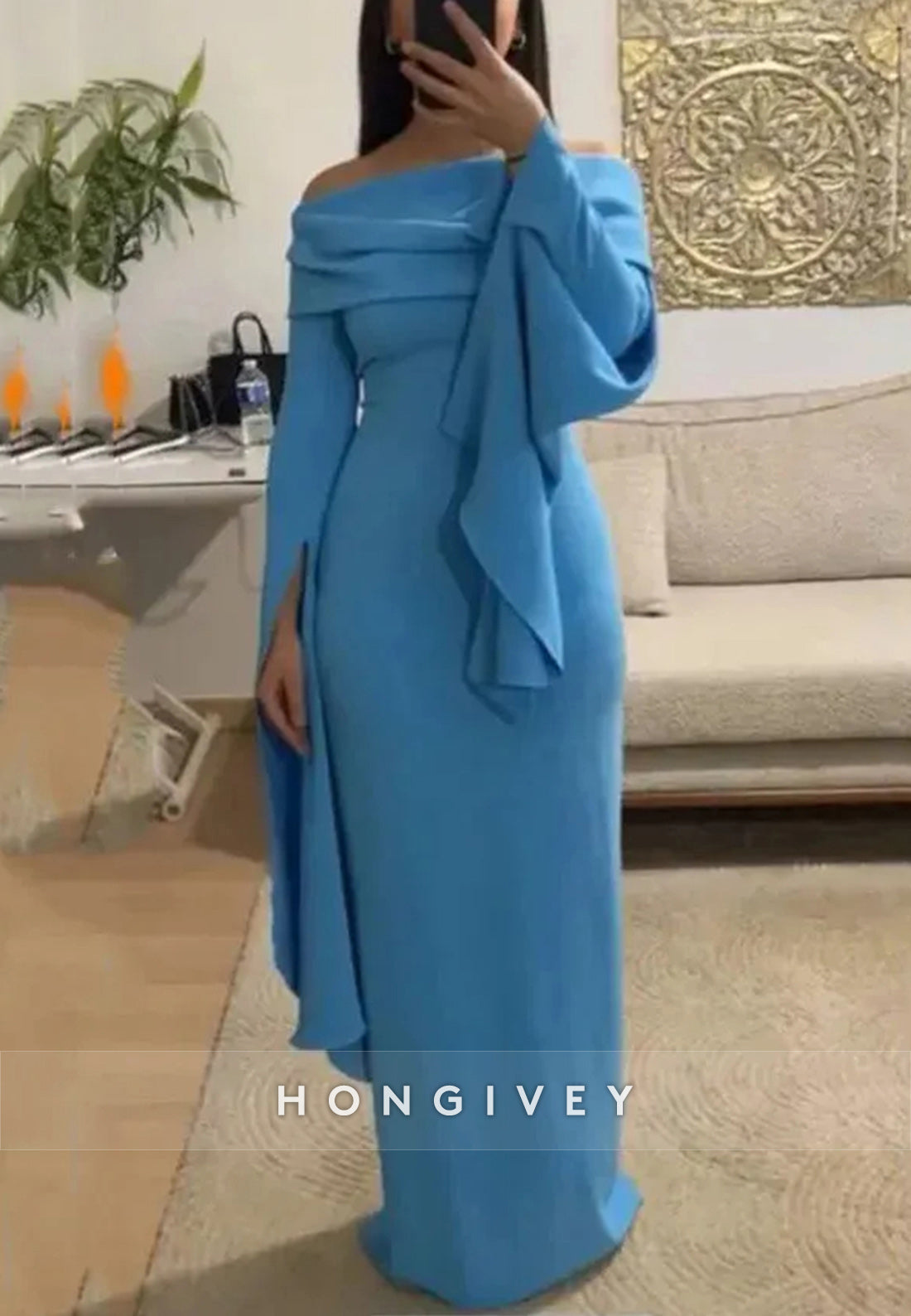 Off the Shoulder Column Long Sleeve Evening Formal Dresses