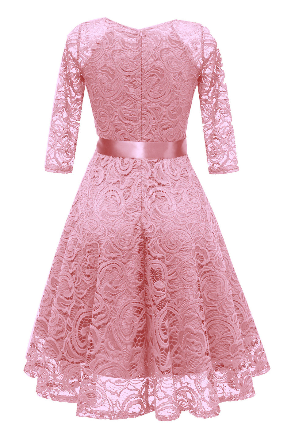 Lace V-Neck Three-Quarter Sleeve Belted A-Line Dress