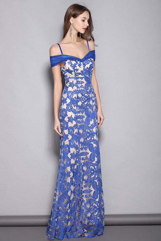 Elegant Off Shoulder Blue Lace Formal Evening Dress - Fashionpara