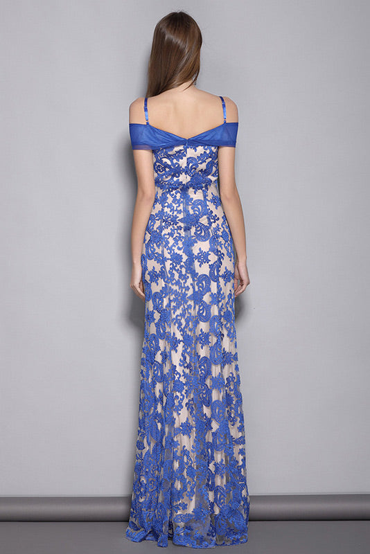 Elegant Off Shoulder Blue Lace Formal Evening Dress - Fashionpara