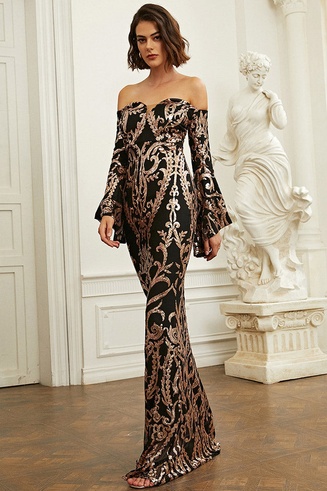 Sequin Baroque Off-Shoulder Bell Sleeve Mermaid Gown