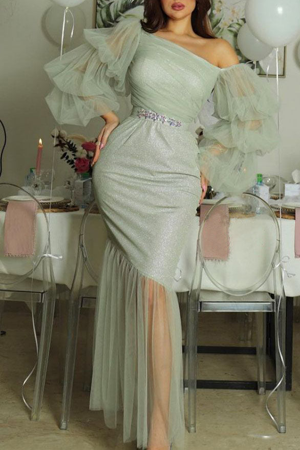One-Shoulder Tiered Sleeve High-Slit Mermaid Gown