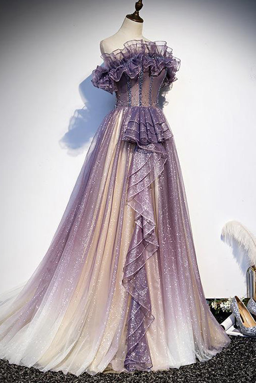 Elegant Purple Gradient A-Line Evening Prom Dresses