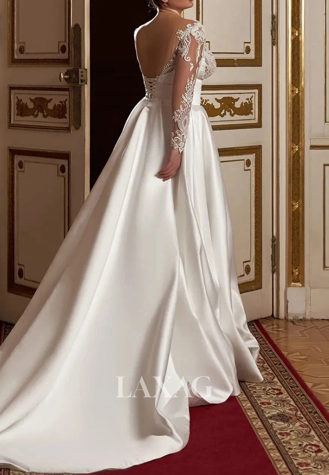 V-Neck Lace Applique Pleated A-Line Wedding Dress Long-Sleeves Beaded Satin Bride Gowns